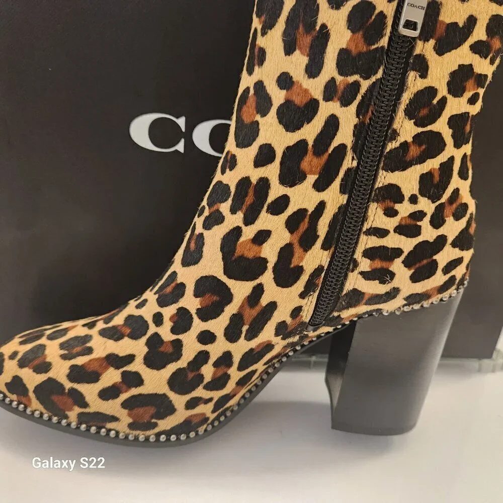 COACH Brown Drea Beadchain Leopard Block Heel Almond Toe Ankle Boots Booties 5 - Picture 8 of 14